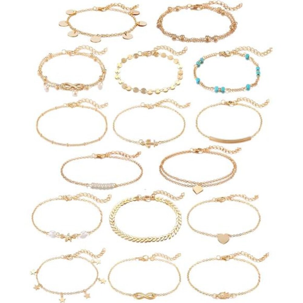 16Pcs Ankle Bracelets for Women Gold Silver TwoStyle Chain Beach Anklet Bracelet